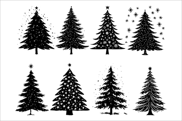 Una silueta negra y blanca de árboles de Navidad con una decoración