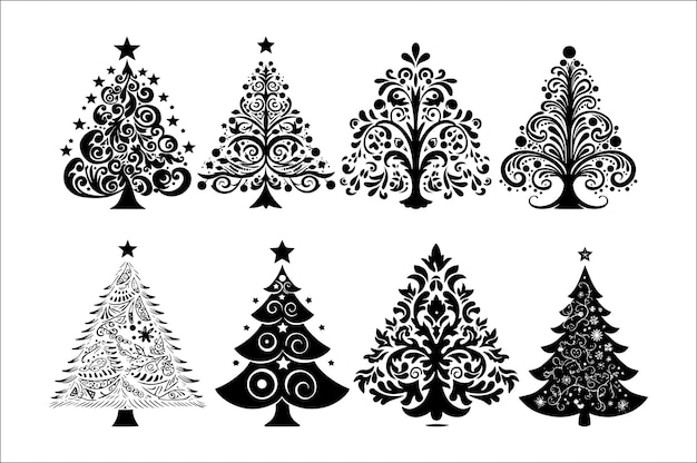 Una silueta negra y blanca de árboles de Navidad con una decoración