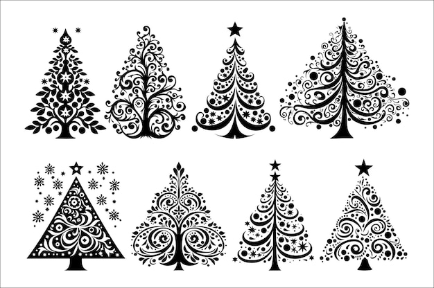 Una silueta negra y blanca de árboles de Navidad con una decoración