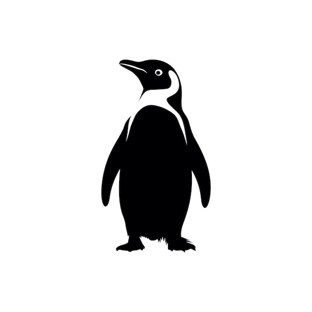 Silueta negra y blanca de un pingüino de pie mirando hacia arriba