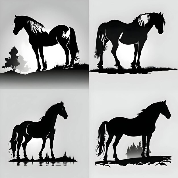 silueta negra de caballos sobre fondo blanco