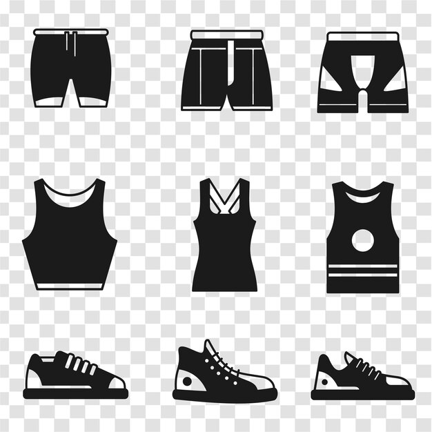 Silueta negra de camisetas, ropa, zapatos y bragas aisladas sobre fondos de rejilla transparente