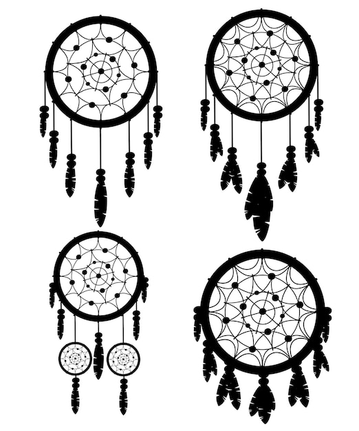 Silueta negra. Conjunto de cuatro talismán indio nativo americano Dreamcatcher. Tribal. Objeto mágico con plumas. Talismán de estilo de moda. ilustración sobre fondo blanco