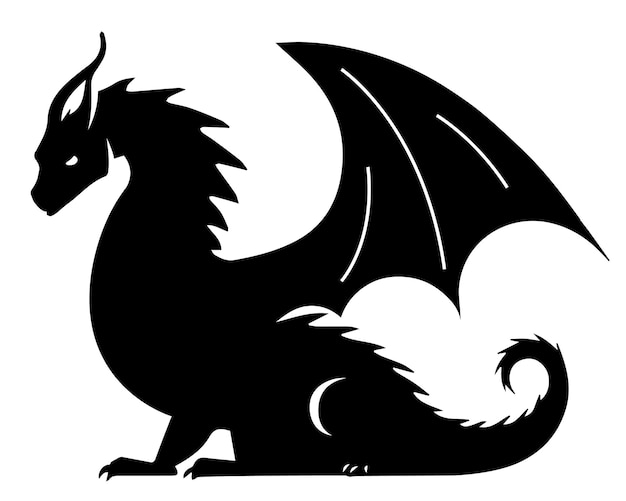 Vector silueta negra de un dragón sobre una serpiente que escupe fuego de fondo blanco