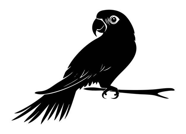 Una silueta negra estilizada de un loro posado en una rama perfecta para diseños con temas naturales
