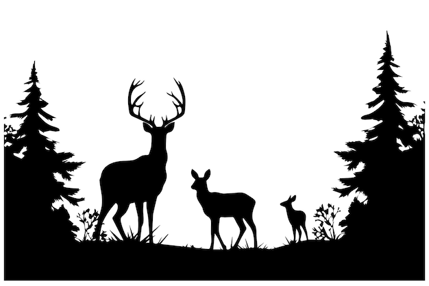 Silueta negra de la familia de ciervos con bebés y abetos del bosque aventura de la vida silvestre