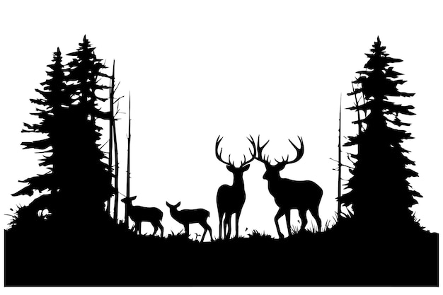 Silueta negra de la familia de ciervos con bebés y abetos del bosque vida silvestre aventura de caza camping la
