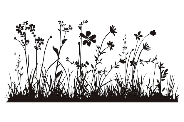 Silueta negra de flores y hierba Vector Silueta artística negra de flores e hierba
