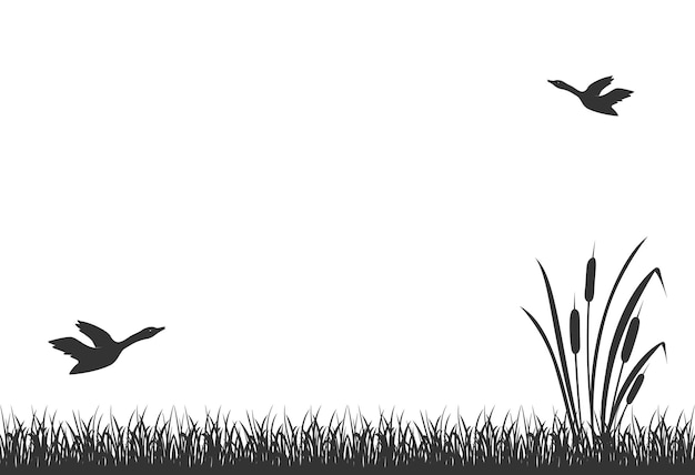 Silueta negra de hierba de pantano con juncos y patos voladores fondo de caña de lago