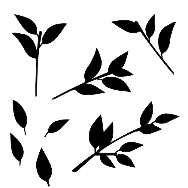Silueta negra de hojas en ramas de árboles ilustración vectorial plana aislada en fondo blanco