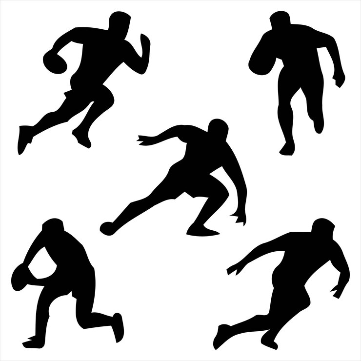 una silueta negra de un hombre corriendo con un fútbol en el medio