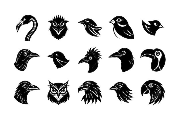 Silueta negra del icono de la cabeza del pájaro Conjunto de ilustraciones vectoriales Logos de pájaros minimalistas