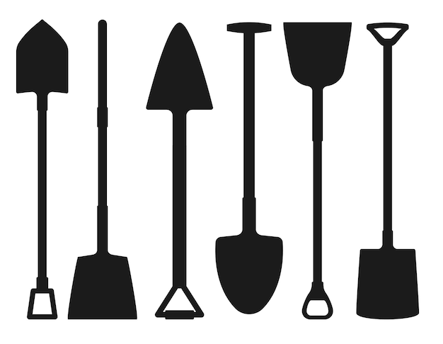 Vector silueta negra de iconos de herramienta de excavación de pala silueta de herramienta de excavación de pala