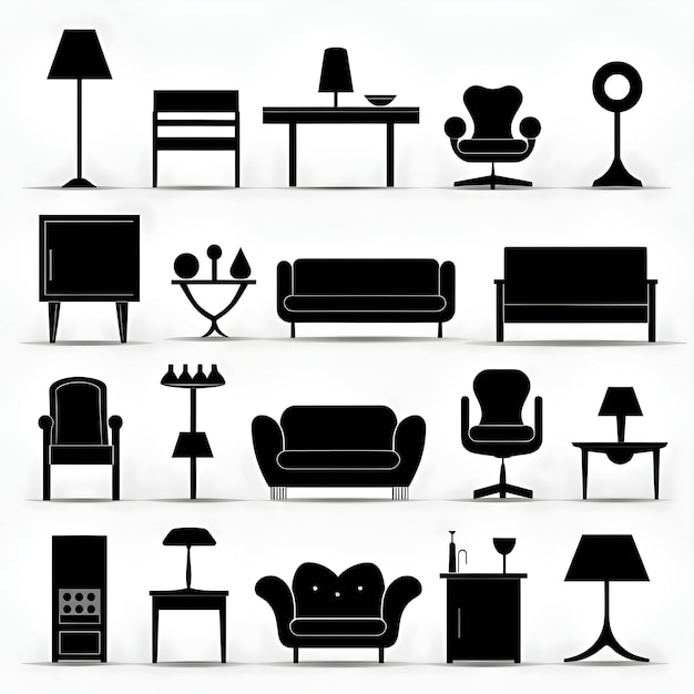 Silueta negra de iconos de muebles en fondo blanco