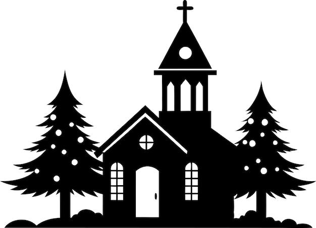 Silueta negra de la iglesia de Navidad Silueta de la ciudad de Navidad cortada en madera contrachapada sobre fondo blanco