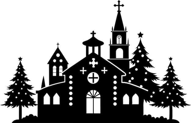 Silueta negra de la iglesia de Navidad Silueta de la ciudad de Navidad cortada en madera contrachapada sobre fondo blanco