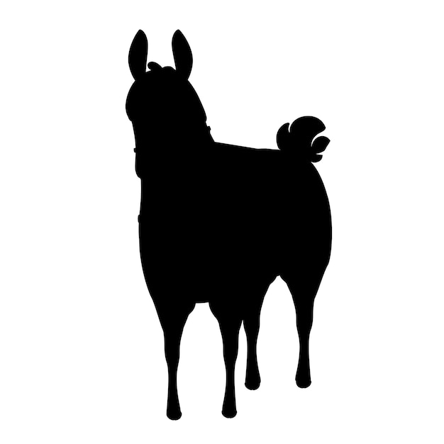 Silueta negra de la ilustración de vector plano de diseño de animales de dibujos animados de llama aislado en vista frontal de fondo blanco