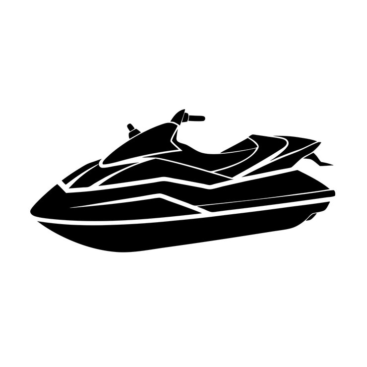 Silueta negra de un jet ski sobre un fondo blanco