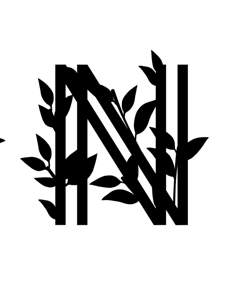 Vector silueta negra letra n con hojas cubiertas eco fuente plana vector ilustración aislada sobre fondo blanco