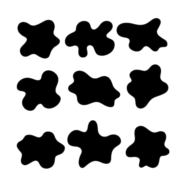 Silueta negra de manchas de agua orgánicas amorfas abstractas pintadas a mano aisladas en un vector blanco