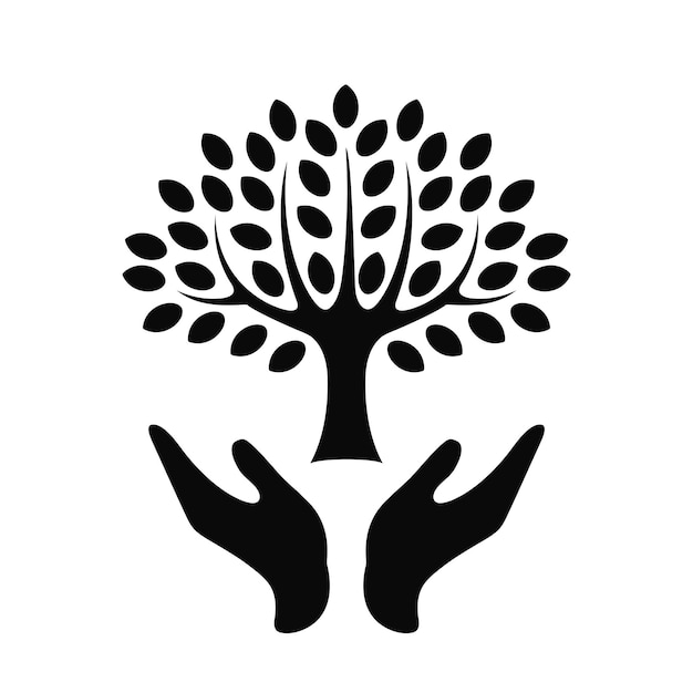Silueta negra de manos sosteniendo un árbol Silueta aislada de fondo blanco