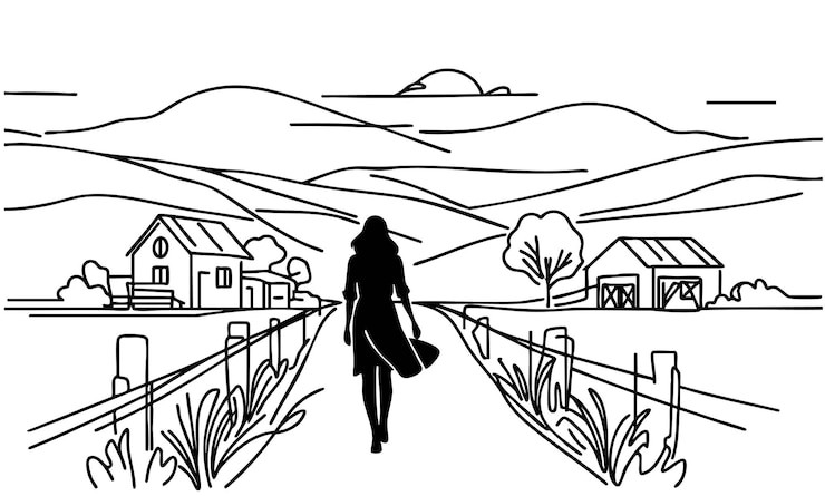 La silueta negra de la mujer caminando por la carretera del pueblo dibuja garabates