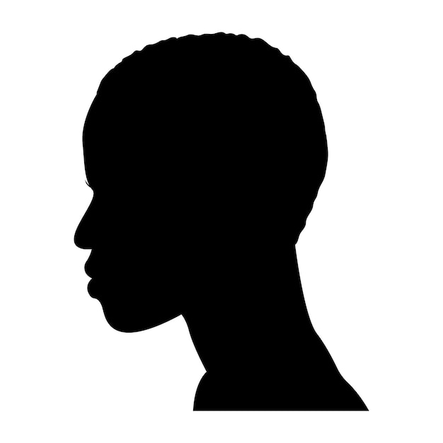 Una silueta negra de una mujer con el pelo corto y un fondo blanco.