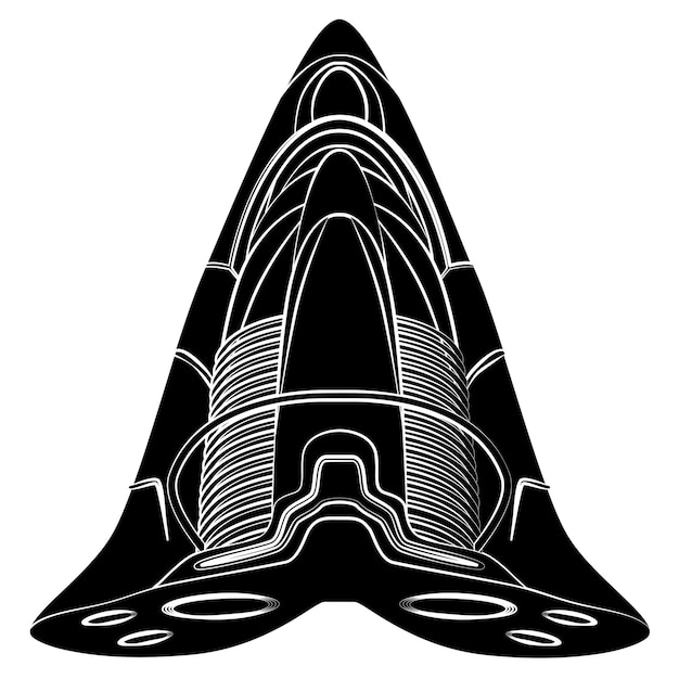 Silueta negra de nave espacial futurista aislada en blanco Elemento de diseño de avión de combate similar de forma agresiva