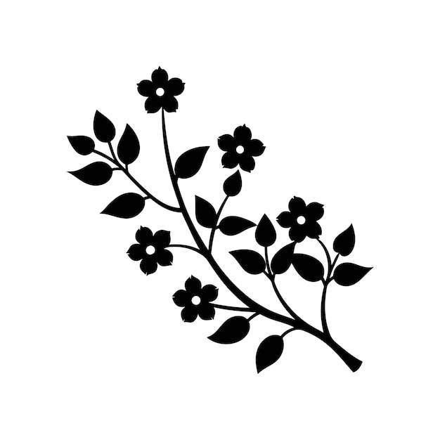 Silueta negra de una rama con flores sobre un fondo blanco