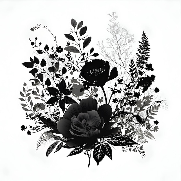 silueta negra de un ramo de flores sobre fondo blanco