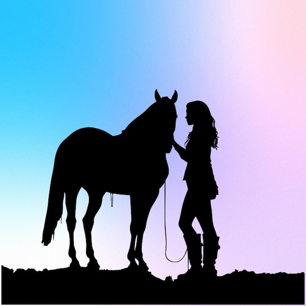 silueta, de, un, niña, dar, un, beso, caballo