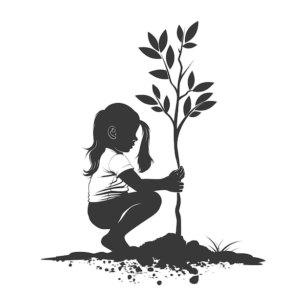 Vector silueta de una niña plantando un árbol en el suelo solo color negro