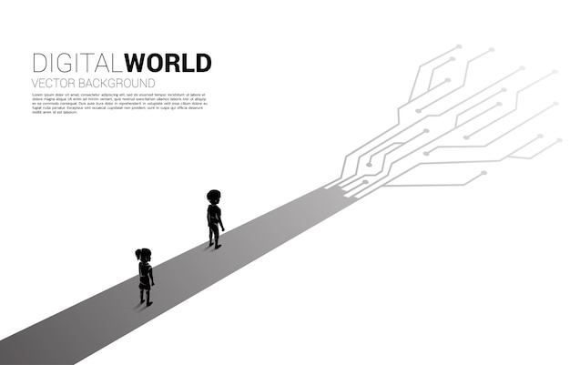 Silueta de niño y niña de pie en el camino con circuito de línea de conexión de puntos. concepto de mundo digital de los niños.