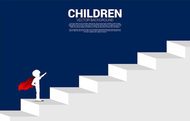 Silueta de niño en superhéroe en escalón. Concepto de inicio de la educación y futuro de los niños.