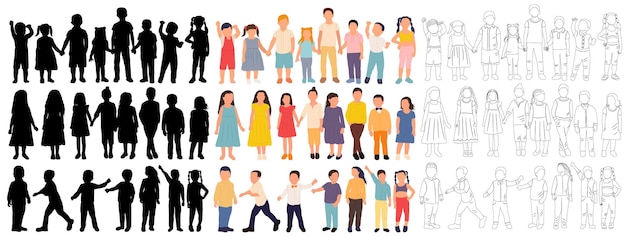 silueta, niños, amistad, conjunto, aislado, vector