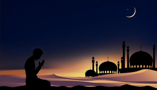 Una silueta de la oración musulmana en la mezquita bajo la luna creciente