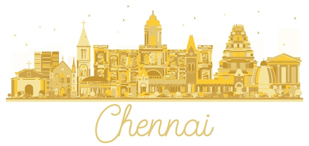 Silueta de oro del horizonte de la ciudad de Chennai, India. Ilustración vectorial. Concepto plano simple para presentación turística, banner, cartel o sitio web. Concepto de viajes de negocios.