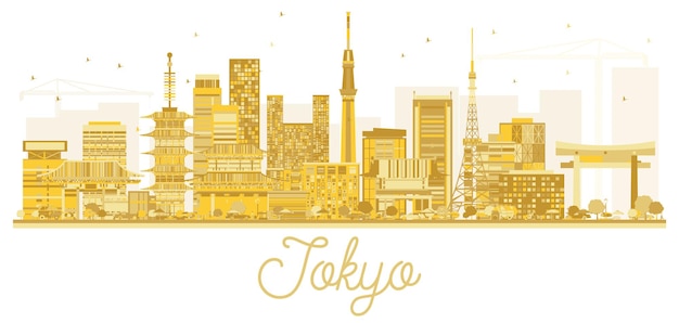 Silueta de oro del horizonte de la ciudad de tokio japón. ilustración de vector. concepto plano simple para presentación turística, pancarta, cartel o sitio web. paisaje urbano de tokio con hitos.