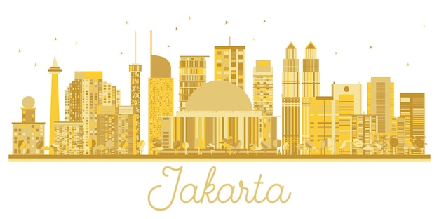 Silueta de oro del horizonte de la ciudad de yakarta indonesia. ilustración vectorial. concepto de viajes de negocios. paisaje urbano de yakarta con hitos.