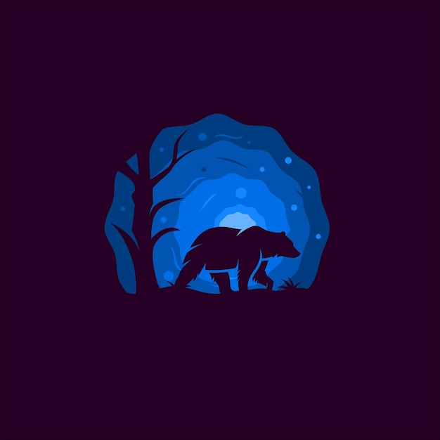 Silueta de oso de pie junto a un árbol con fondo de luna azul