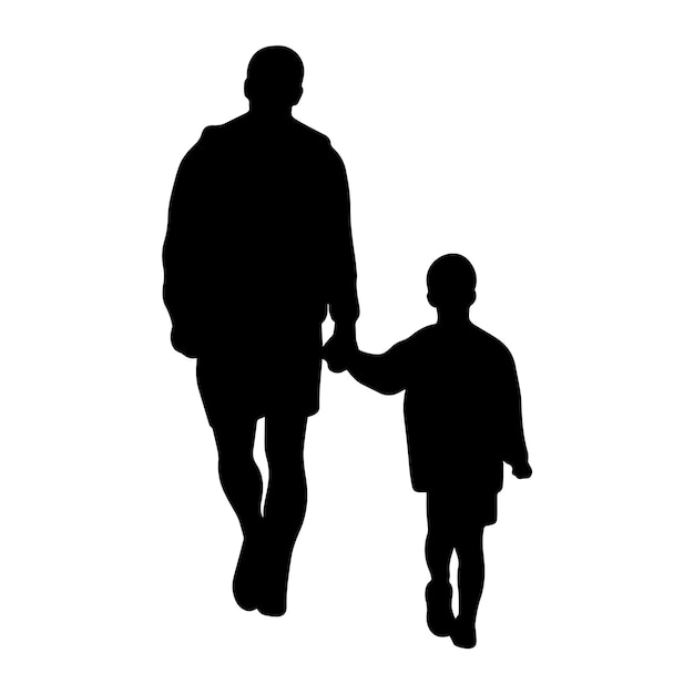 Silueta de padre con hijo caminando ilustración vectorial hombre adulto sostiene a niño por la mano sombra papá