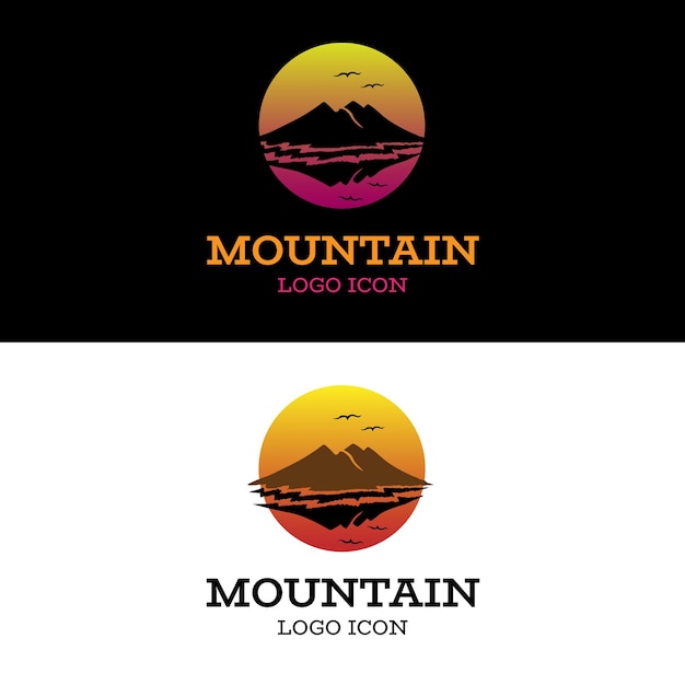 Vector silueta de paisaje de montaña con pájaros y fondo de sol naranja en diseño de logotipo de agua