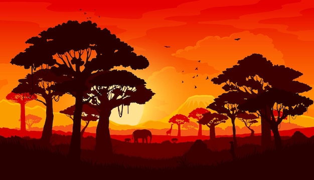 Vector silueta de paisaje de puesta de sol de sabana africana