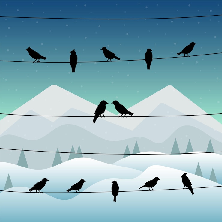 Vector silueta de pájaros en cables en el fondo de invierno. ilustración vectorial.