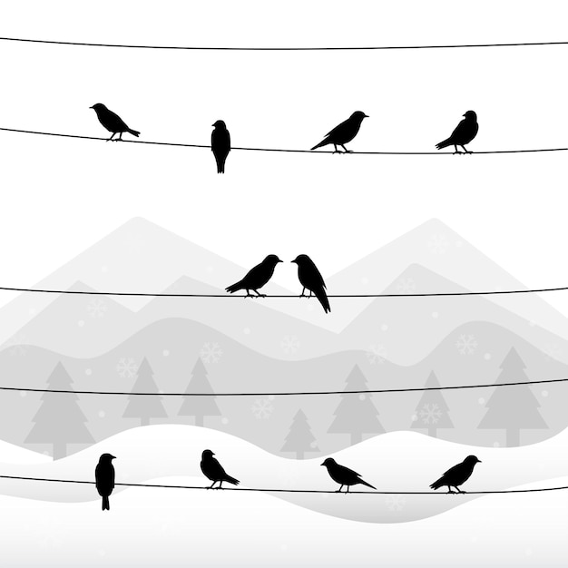 Vector silueta de pájaros en cables en el fondo de invierno. ilustración vectorial.