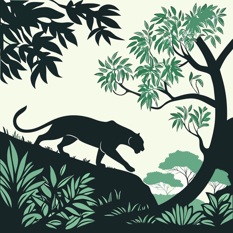 La silueta de la Pantera Negra lista para saltar en el follaje de la selva
