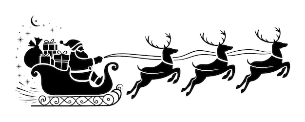 Silueta de Papá Noel en trineo con renos y regalos Vector de Feliz Navidad