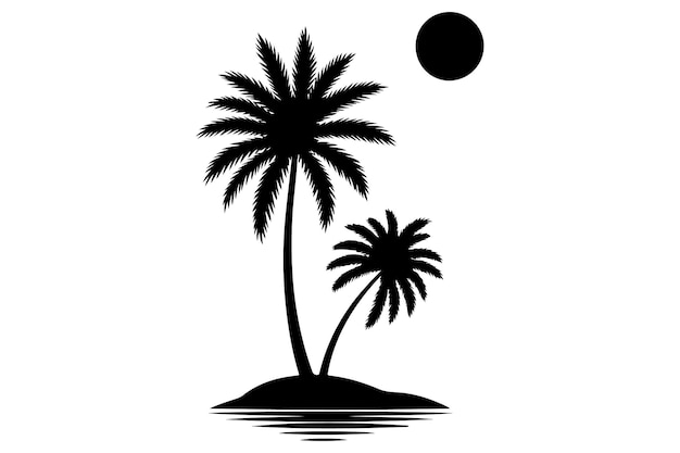 Silueta de un paraíso de isla tropical con palma y sol