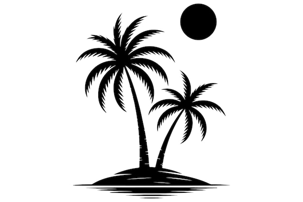 Silueta de un paraíso de isla tropical con palma y sol