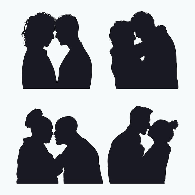 Vector silueta de pareja besándose de diseño plano